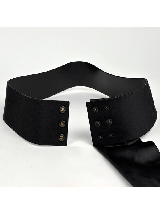 Chanel CC Logo Belt Ribbon Sash Fabric Leather Black
